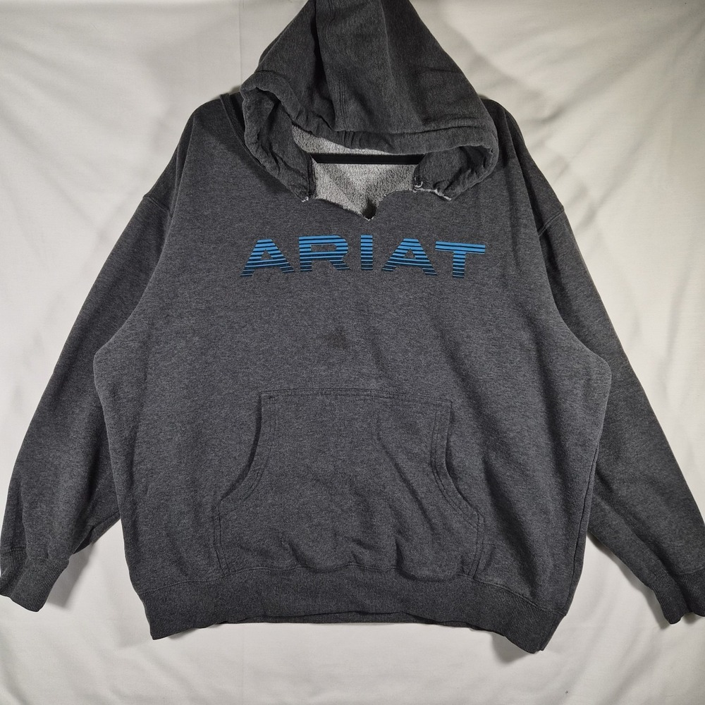 Ariat Mens XL Logo Hoodie Gray Blue Graphic Distressed Cut Neck Pullover